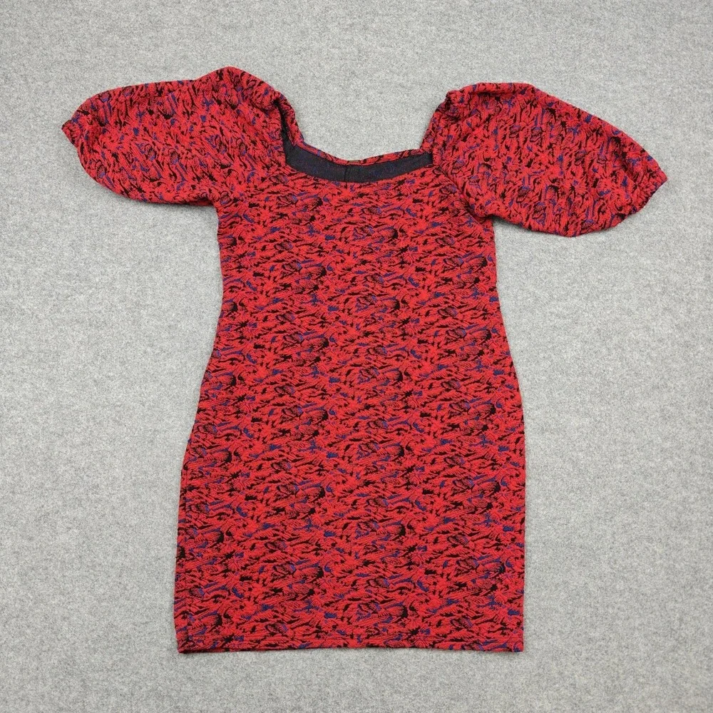 Free‎ People Sunset Dress Womens Small Red Jacquard Puff Sleeve Bodycon Mini